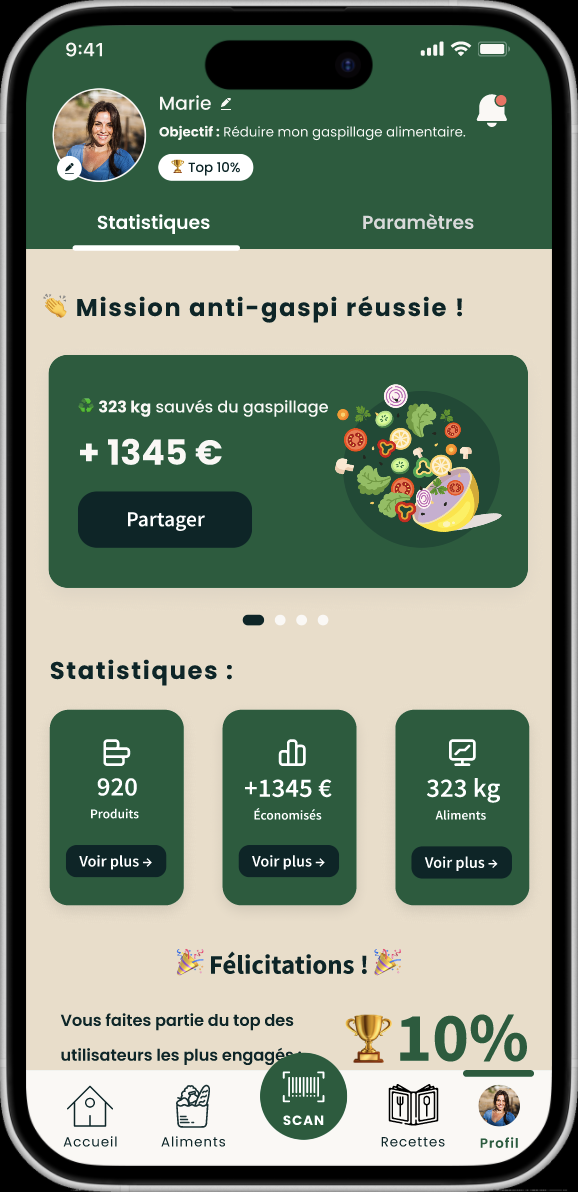 écran de l'application de suivi des économies réalisés et aliments sauvés