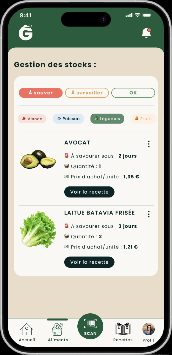 écran de gestion des aliments de l'application greenshelf