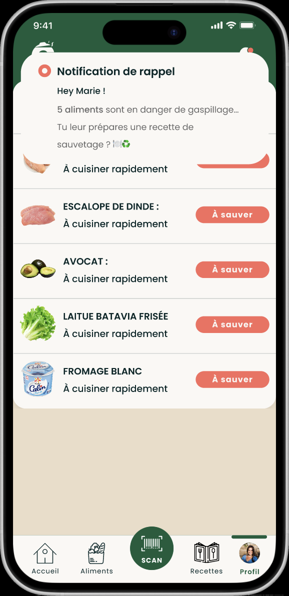 Bannière de notification de rappel concernant la préparation de recettes de sauvetage avec des ingrédients frais.